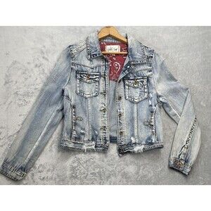 White crow Bandana Distressed Denim Jacket. Purchased at the Buckle Large